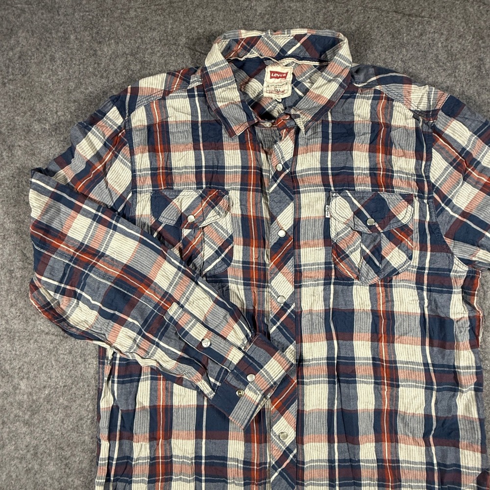 Levi's Western Shirt Mens XXL Blue Orange Plaid Modern Snap Front Long Sleeve